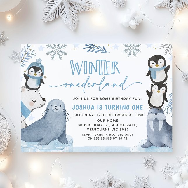 Invitación Boys Blue Arctic Winter Onederland Primer cumpleañ (eWinter Onederland 1st Birthday Invitation Boy, Arctic Animals 1st Birthday Invitation Boy Blue)