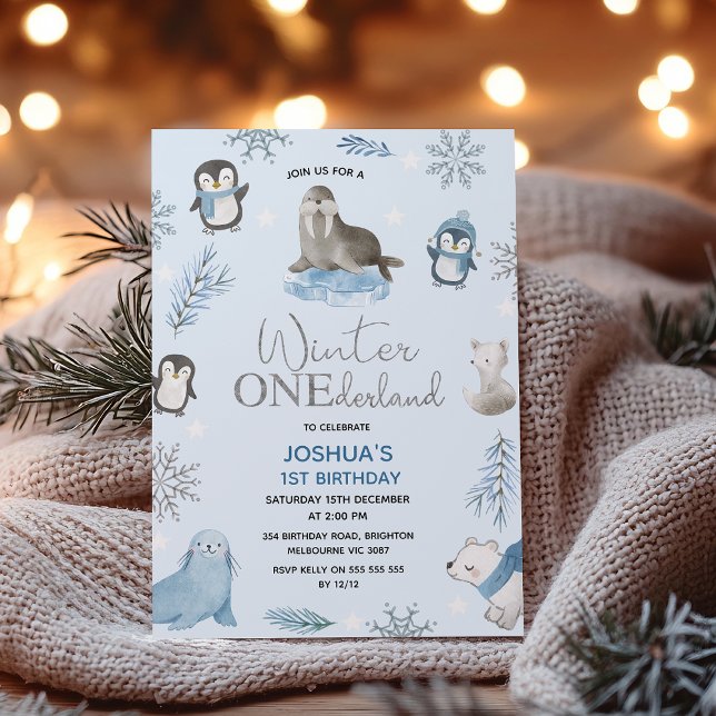 Invitación Boys Blue Arctic Winter Onederland Primer cumpleañ (Blue Arctic Animals Winter Onederland 1st Birthday Invitation Template Boy, Winter Onederland Invite)