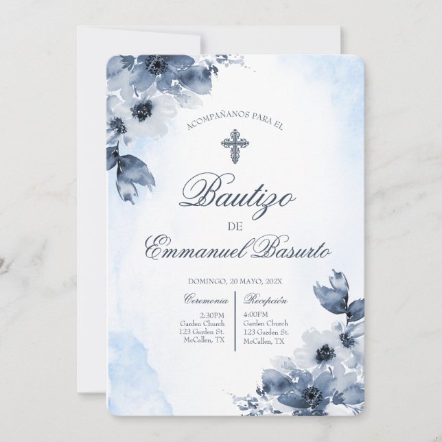 Invitación Boys blue baptism with cross  (Anverso)