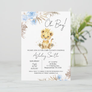 Invitación Boys Blue Boho Floral Lion Baby Shower