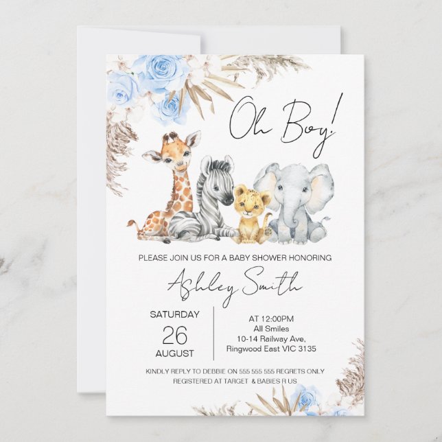 Invitación Boys Blue Boho Floral Safari Baby Shower (Anverso)