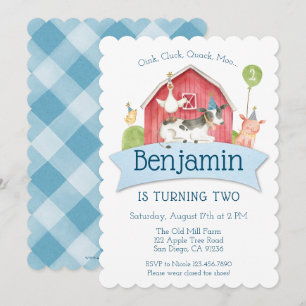 Invitación Boys Blue Check Farm Birthday Party