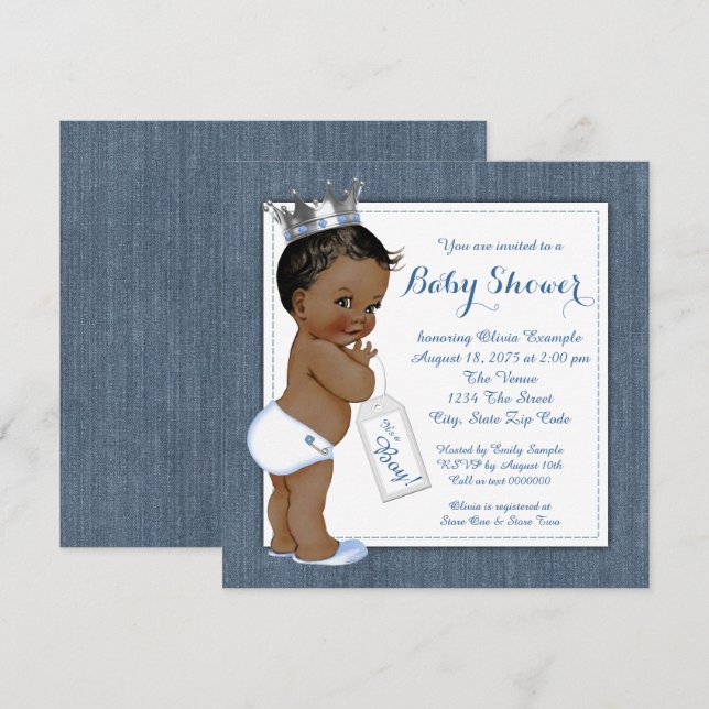 Invitación Boys Blue Denim African American Baby Shower (Anverso / Reverso)
