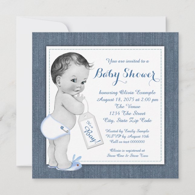 Invitación Boys Blue Denim Baby Shower (Anverso)