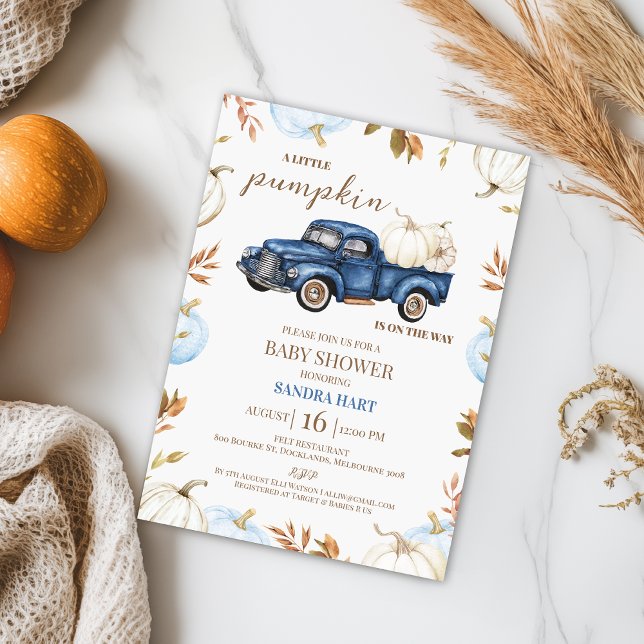 Invitación Boys Blue Fall Truck Truck Baby Shower (Boys Little Pumpkin Baby Shower Invitation Template, Editable Fall Pumpkin Truck Baby Shower Invite)