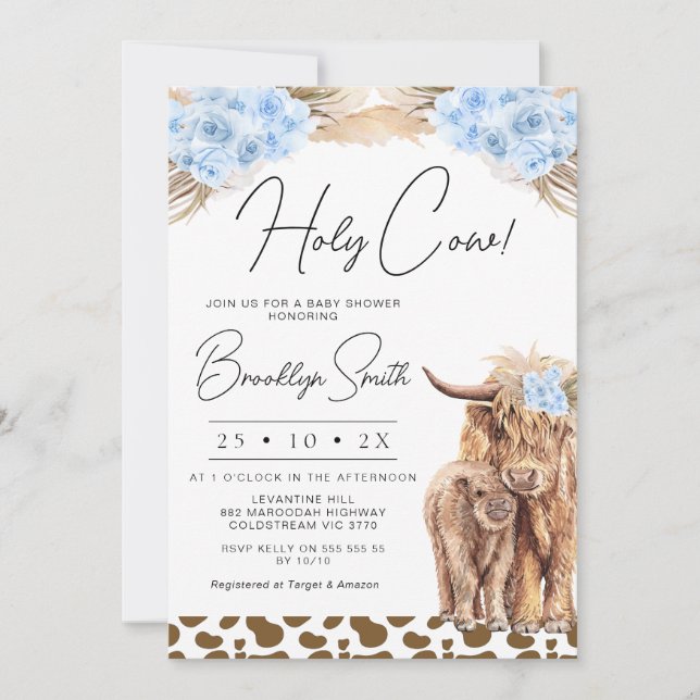 Invitación Boys Blue Floral Highland Cow Baby Shower (Anverso)