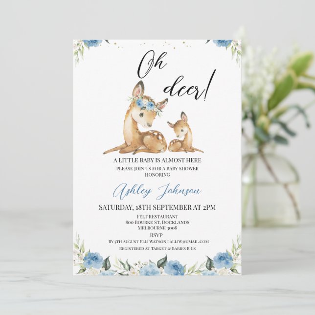Invitación Boys Blue Floral Oh Deer Baby Shower (Anverso de pie)