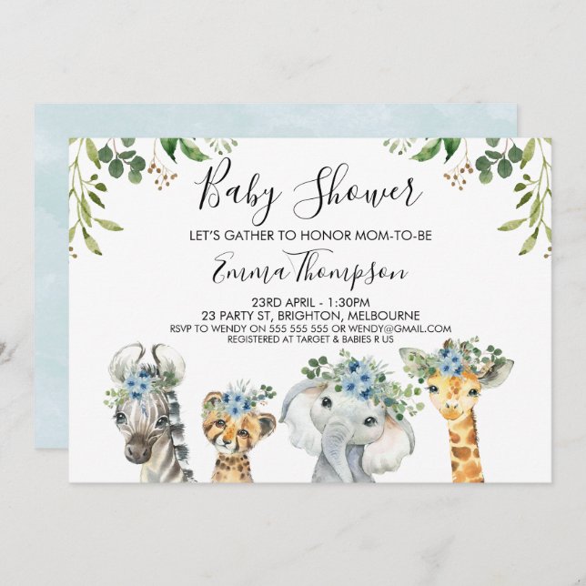 Invitación Boys Blue Floral Safari Animals Baby Shower (Anverso / Reverso)