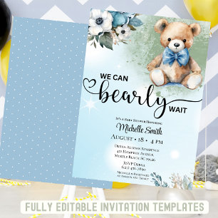 Invitación Boys Blue Floral Teddy Bear Baby Shower