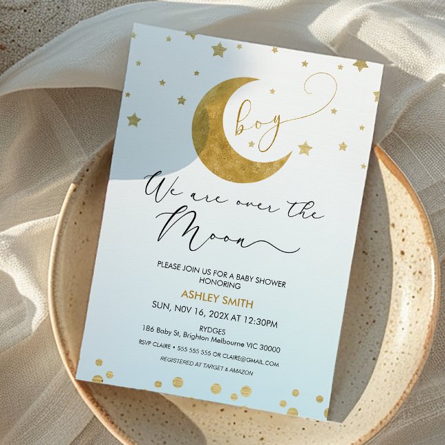 Invitación Boys Blue Gold Estamos En La Luna Baby Shower (Boys We are Over the Moon Baby Shower Invitation Blue Gold Moon Themed Baby Shower Boy, Moon Stars)