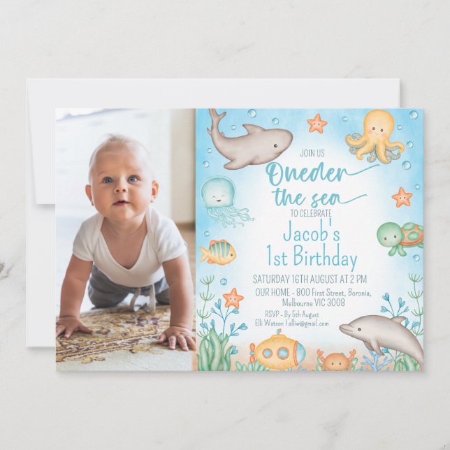 Invitación Boys Blue Photo Oneder the Sea Primer Cumpleaños (Anverso)