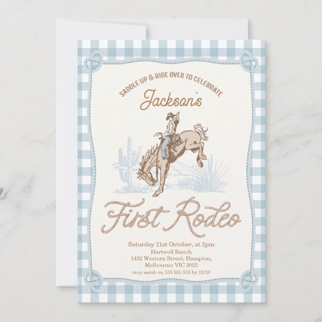 Invitación Boys Blue Plaid Cowboy Primer Rodeo Primer Cumplea (Anverso)