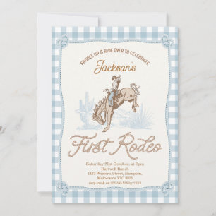 Invitación Boys Blue Plaid Cowboy Primer Rodeo Primer Cumplea