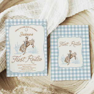 Invitación Boys Blue Plaid Cowboy Primer Rodeo Primer Cumplea