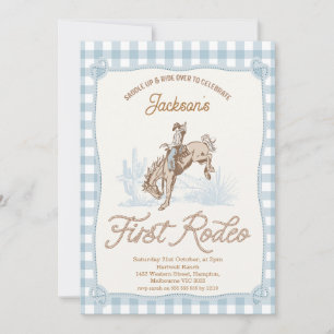 Invitación Boys Blue Plaid Cowboy Primer Rodeo Primer Cumplea