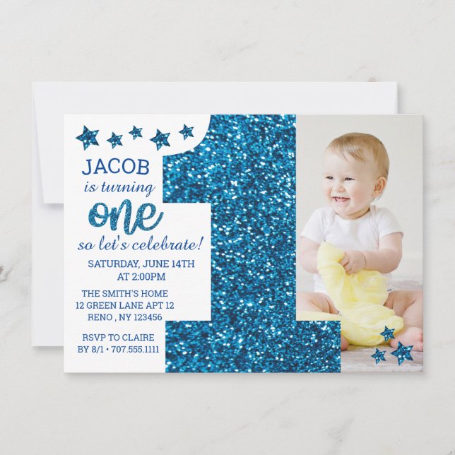 Invitación Boys Blue Purpurina Photo First Birthday (Anverso)