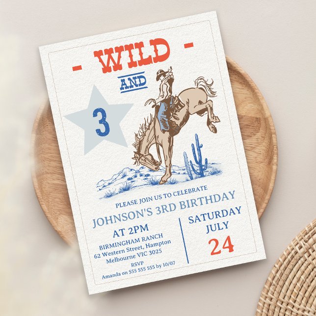 Invitación Boys Blue Red Wild y tres rodeo por tercer cumplea (Wild and Three 3rd Birthday Invitation, Rodeo 3rd Birthday Invitation, Cowboy Wild West Western)