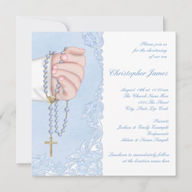 Invitación Boys Blue Rosary Christening (Anverso)