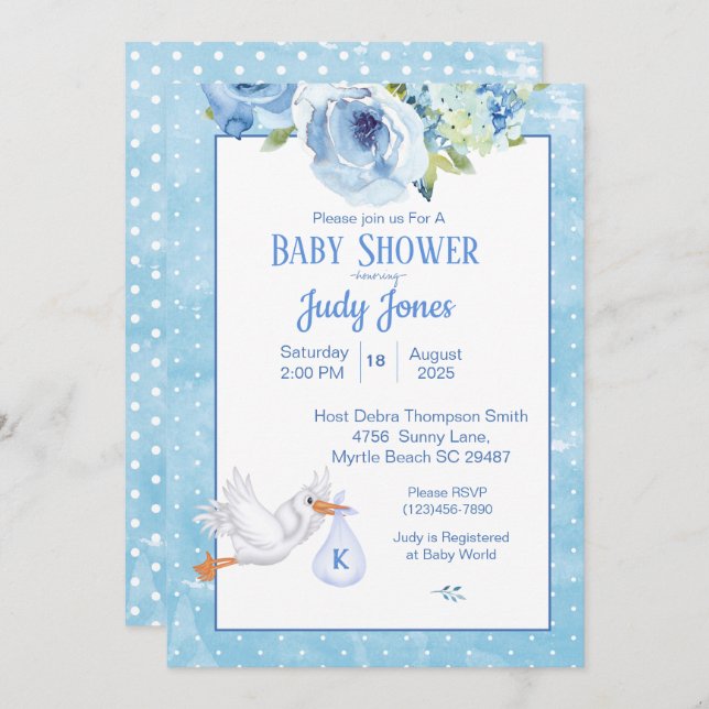 Invitación Boys Blue Stork Monogram Floral Baby Shower (Anverso / Reverso)