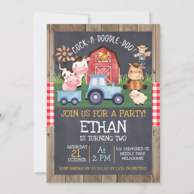 Invitación Boys Blue Tractor Chalkboard Farm Cumpleaños (Anverso)