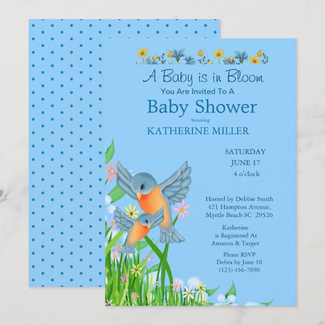 Invitación Boys Bluebirds Wildflowers Baby Shower (Anverso / Reverso)