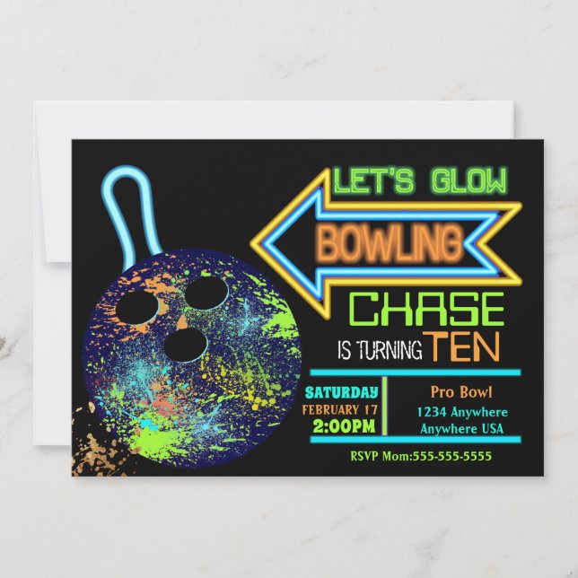 Invitación Boys Bowling fiesta, Nacimiento Neon Glow bowling (Anverso)