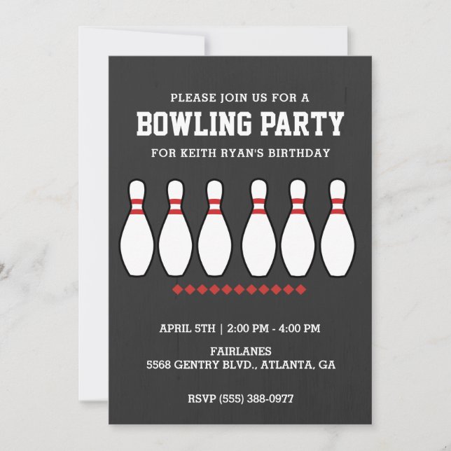 Invitación Boys Bowling Pin fiesta de cumpleaños (Anverso)