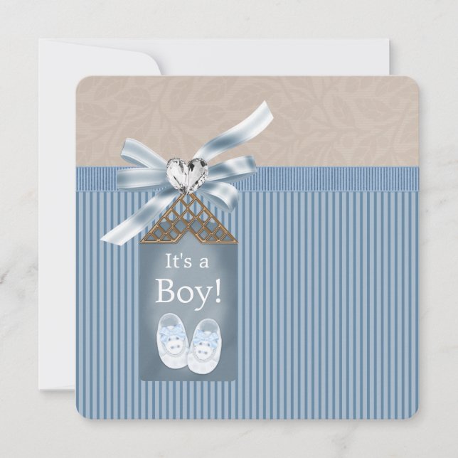 Invitación Boys Brown Blue Pinstripe Baby Shower (Anverso)