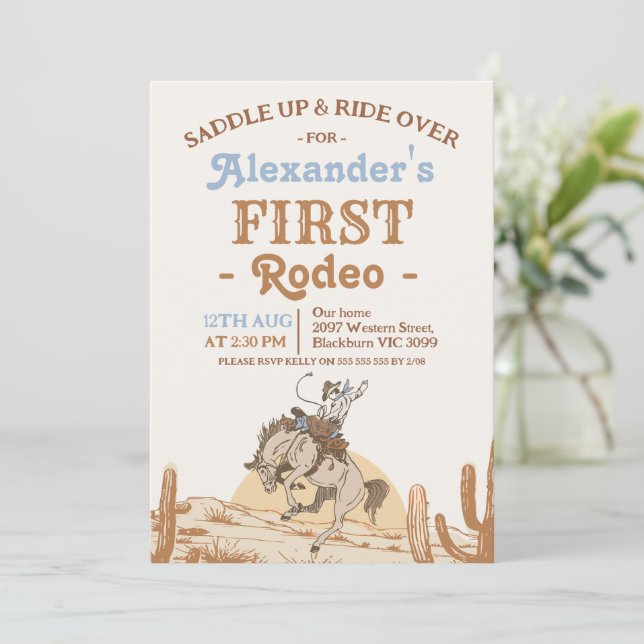 Invitación Boys Brown Bronco Cowboy First Rodeo 1st Birthday (Anverso de pie)