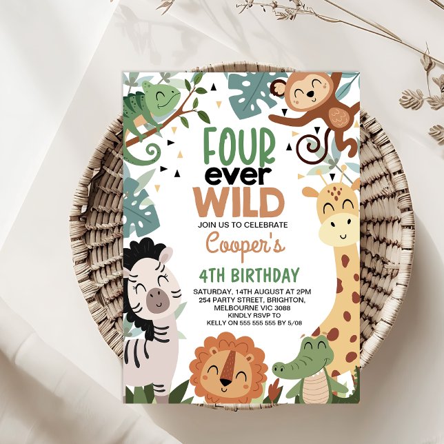 Invitación Boys Brown Green Four Ever Wild 4Cumpleaños (Four Ever Wild 4th Birthday Invitation Template Boy, Safari Animals 4th Birthday Invitation, Jungle )
