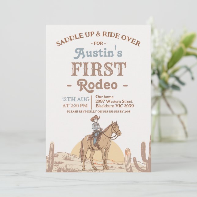 Invitación Boys Brown Western Cowboy First Rodeo 1st Birthday (Anverso de pie)