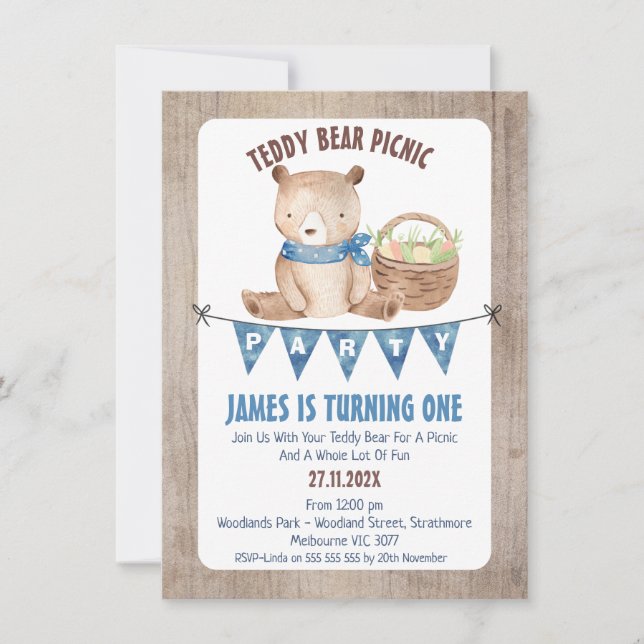 Invitación Boys Bunting Teddy Bear Picnic Primer cumpleaños (Anverso)