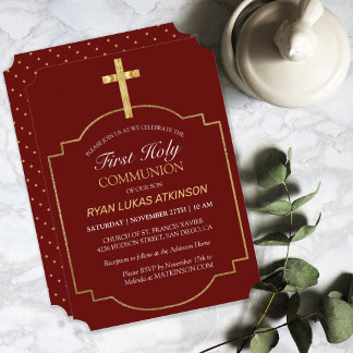 Invitación Boys Burgundy Gold Cross 1ª Santa Comunión