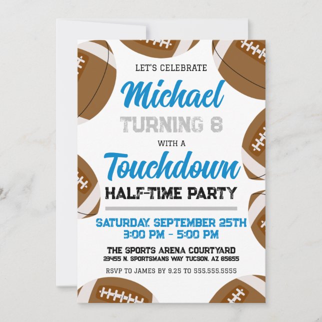 Invitación Boys Carolina Blue Football Birthday Party (Anverso)