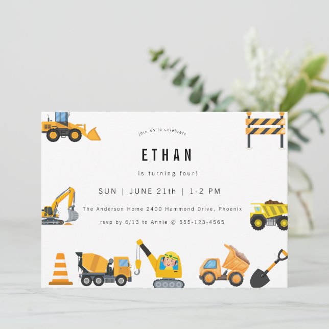 Invitación Boys Construction Birthday Party Theme  (Anverso de pie)