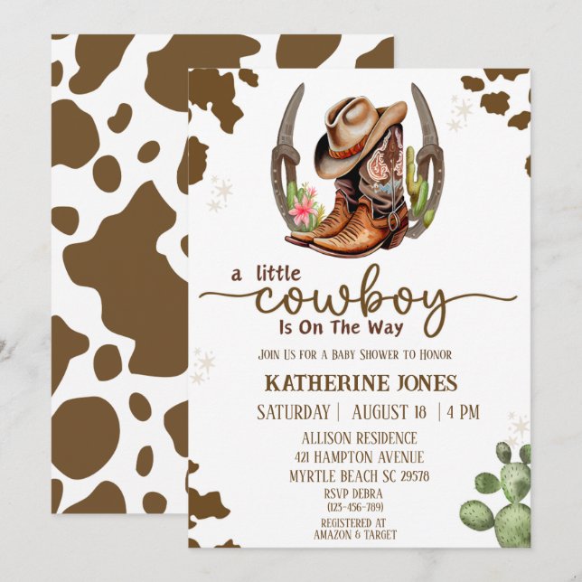 Invitación Boys Cowboy Cow Print Baby Shower (Anverso / Reverso)