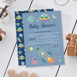 Invitación Boys Cute Blue Space Alien Rocket Baby Shower