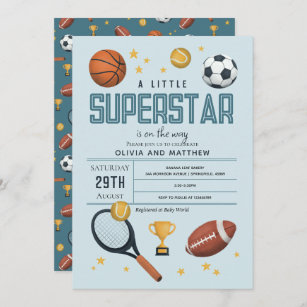 Invitación Boys Cute Blue Sports Superstar Baby Shower