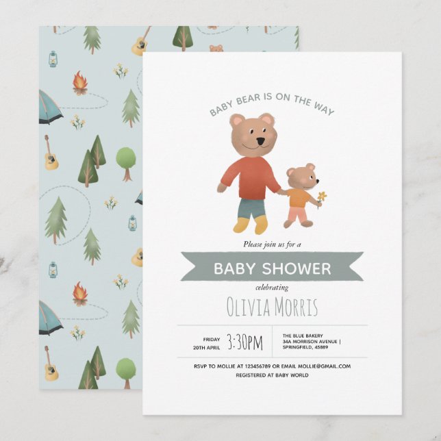 Invitación Boys Cute Blue Woodland Forest Bear Baby Shower (Anverso / Reverso)