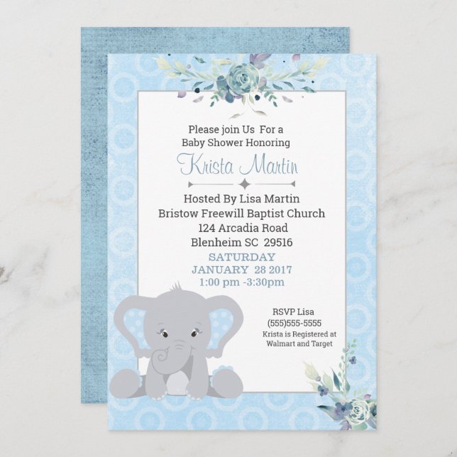 Invitación Boys Cute Elephant Floral Baby Shower (Anverso / Reverso)