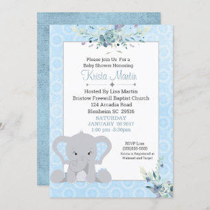 Invitación Boys Cute Elephant Floral Baby Shower