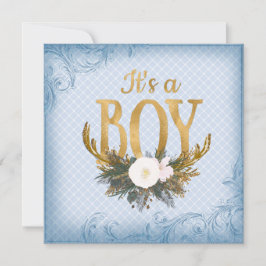 Invitación Boys Deer Antler Baby Shower Blue and Gold