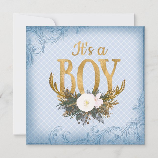 Invitación Boys Deer Antler Baby Shower Blue and Gold (Anverso)