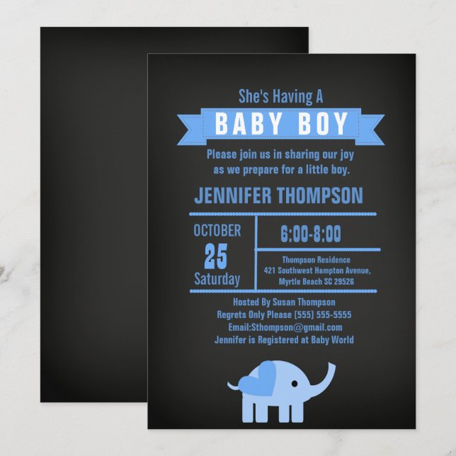 Invitación Boys Elephant Baby Shower Chalkboard (Anverso / Reverso)