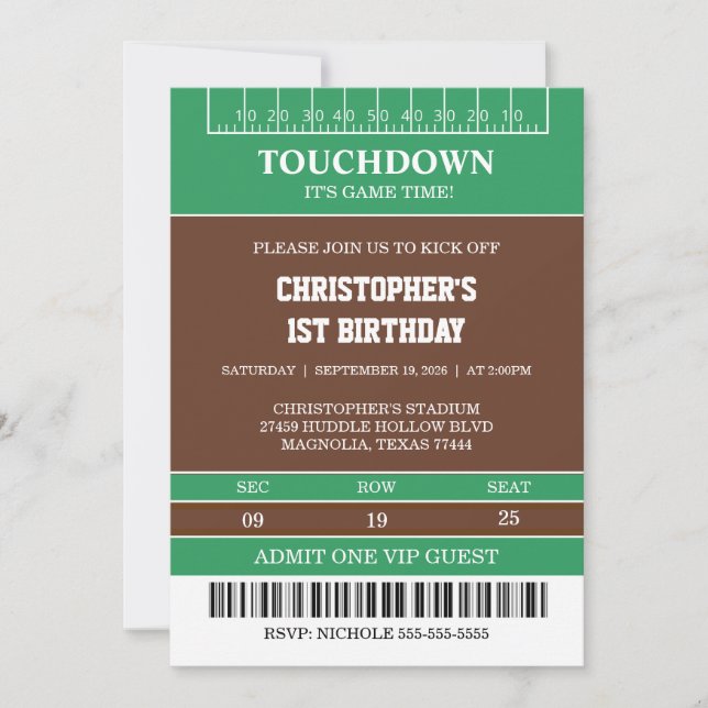 Invitación Boys Football First Year Down 1st Birthday Party (Anverso)