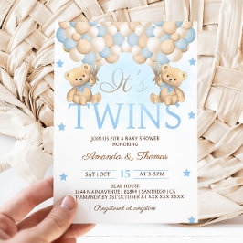 Invitación Boys gemelos azules con globos de oso Baby Shower