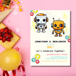 Invitación Boys gemelos conjuntos Birthday Cute Robots Futuri