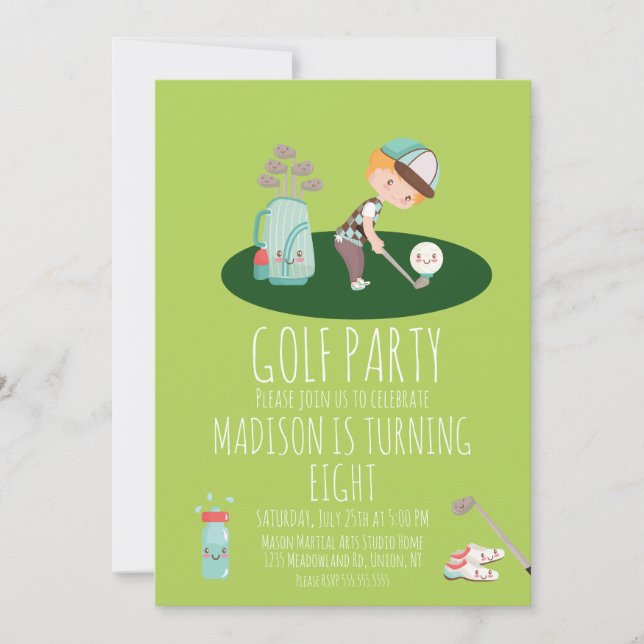 Invitación Boys Golf Cute Cumpleaños Fiesta Green (Anverso)