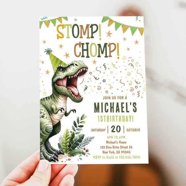 Invitación Boys Green Stomp Chomp Roar Dinosaur 1st Birthday (Subido por el creador)