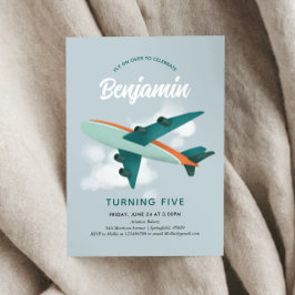 Invitación Boys Guay Blue Airplane Viajan 5º cumpleaños